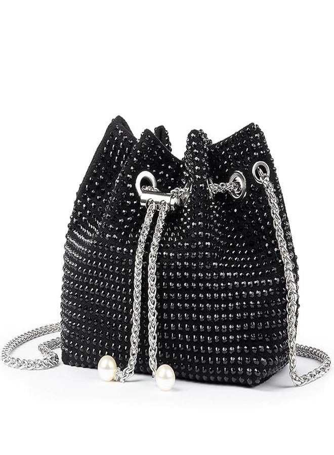 DOSYSO Rhinestone Bucket Bag Mini Evening Handbags Crystal Clutch For Women Drawstring Crossbody Sling Bags with Chain Stylish Potli Bags Ladies Glitter Purse Wallet for Party Wedding Bling (Black) - Image 1